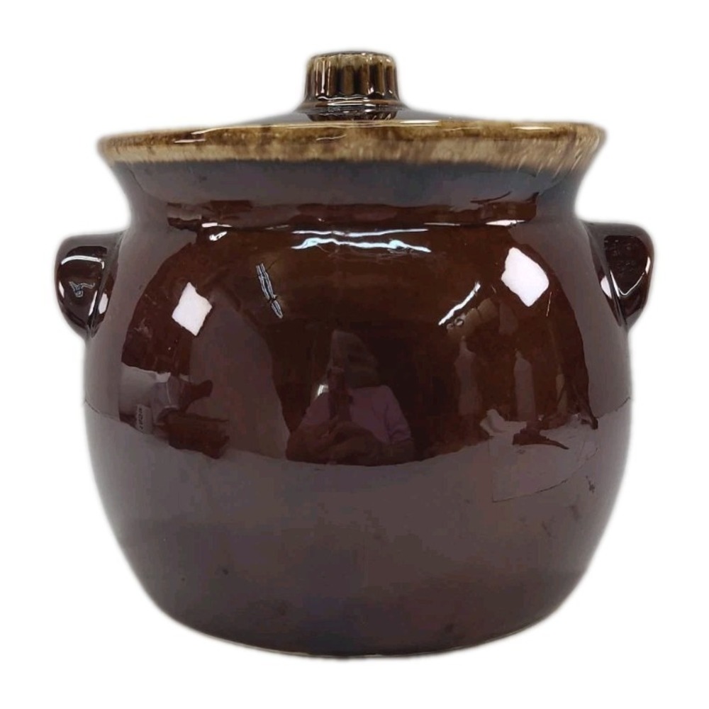Vintage Hull Pottery Bean Pot Brown Drip Glaze Oven Proof with Lid Cookie Jar